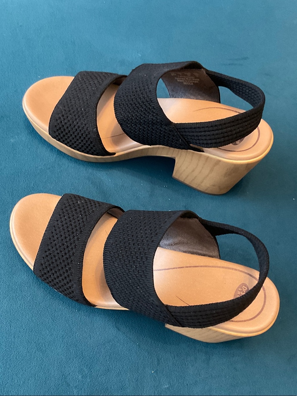 Dr. Scholl's Black Elastic Two-Band Sandals with Tan Footbed